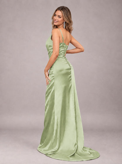 Sage Green Alluring Lace-Up Back One Shoulder Stretch Satin Bridesmaid Dress with Slits