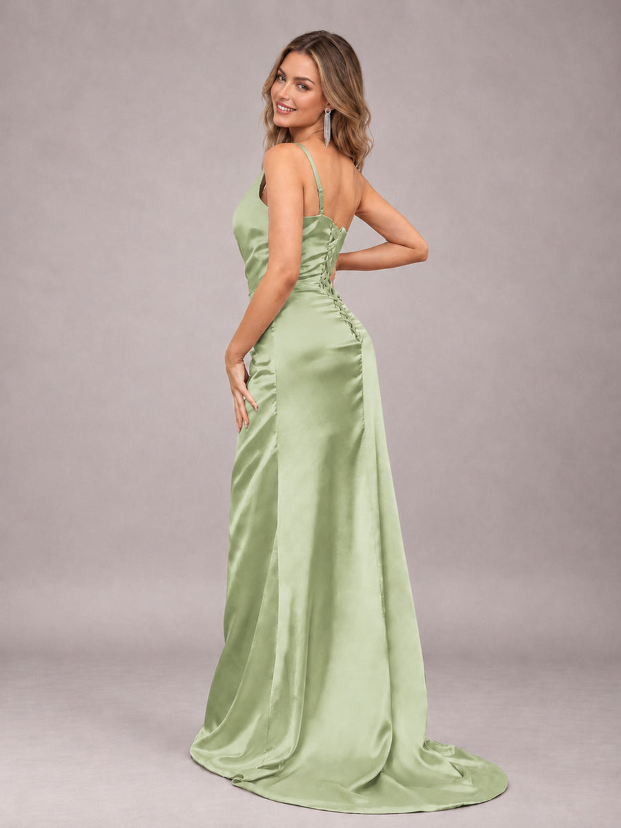 Sage Green Alluring Lace-Up Back One Shoulder Stretch Satin Bridesmaid Dress with Slits