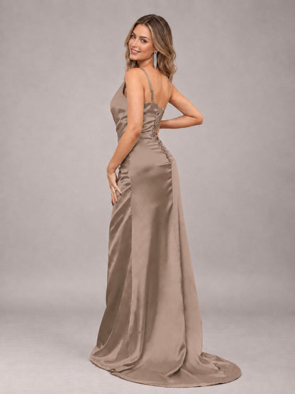 Taupe Alluring Lace-Up Back One Shoulder Stretch Satin Bridesmaid Dress with Slits