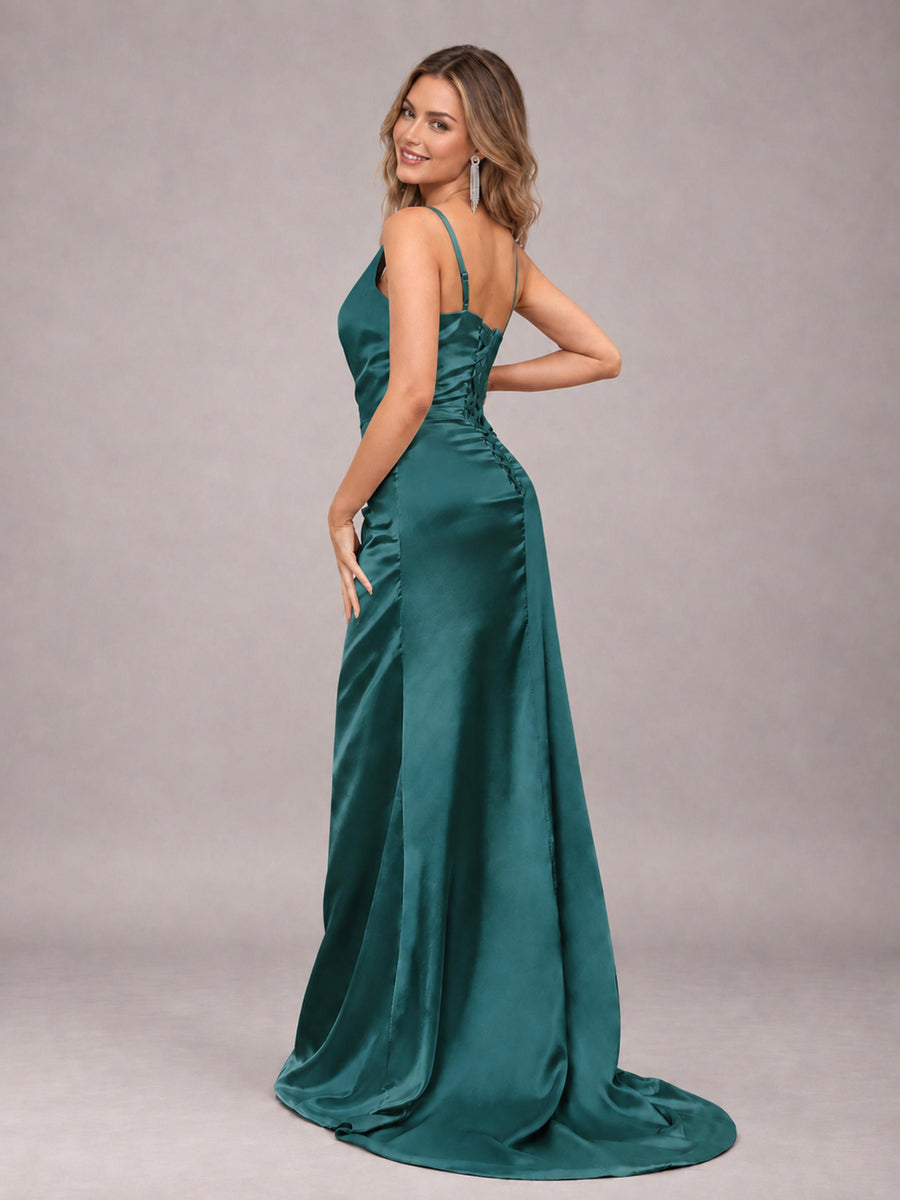 Teal Alluring Lace-Up Back One Shoulder Stretch Satin Bridesmaid Dress with Slits
