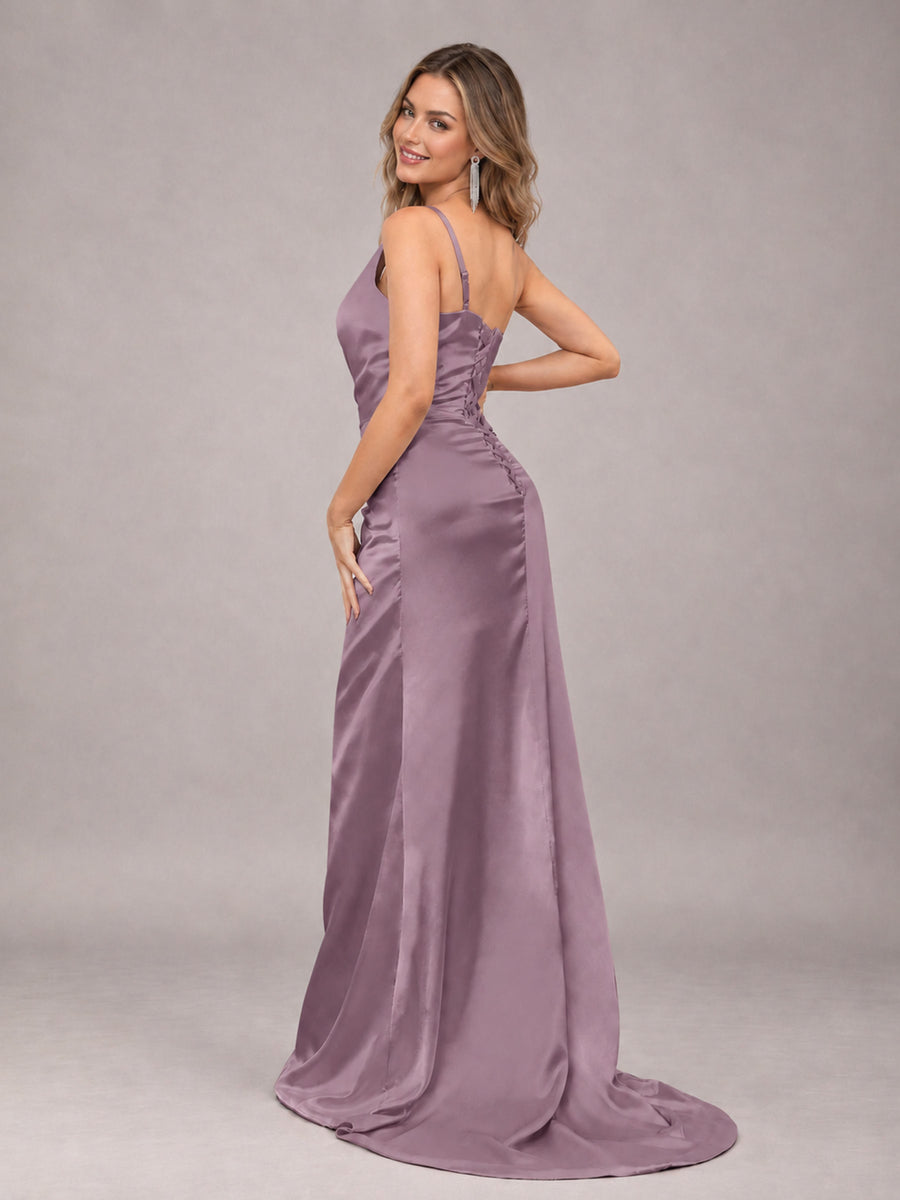 Wisteria Alluring Lace-Up Back One Shoulder Stretch Satin Bridesmaid Dress with Slits