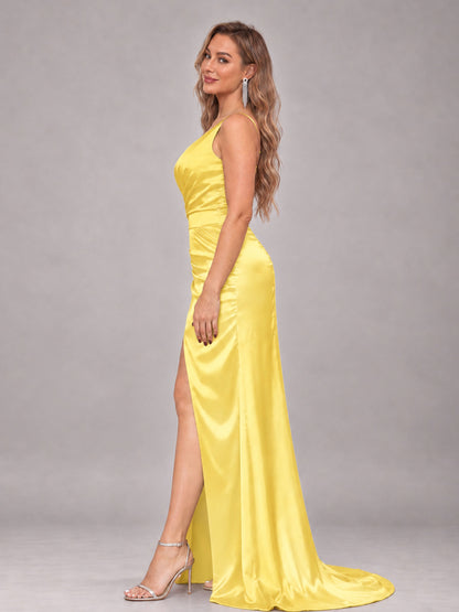 Yellow Alluring Lace-Up Back One Shoulder Stretch Satin Bridesmaid Dress with Slits