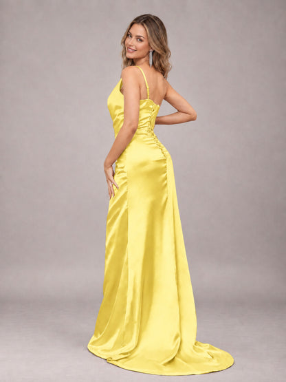Yellow Alluring Lace-Up Back One Shoulder Stretch Satin Bridesmaid Dress with Slits