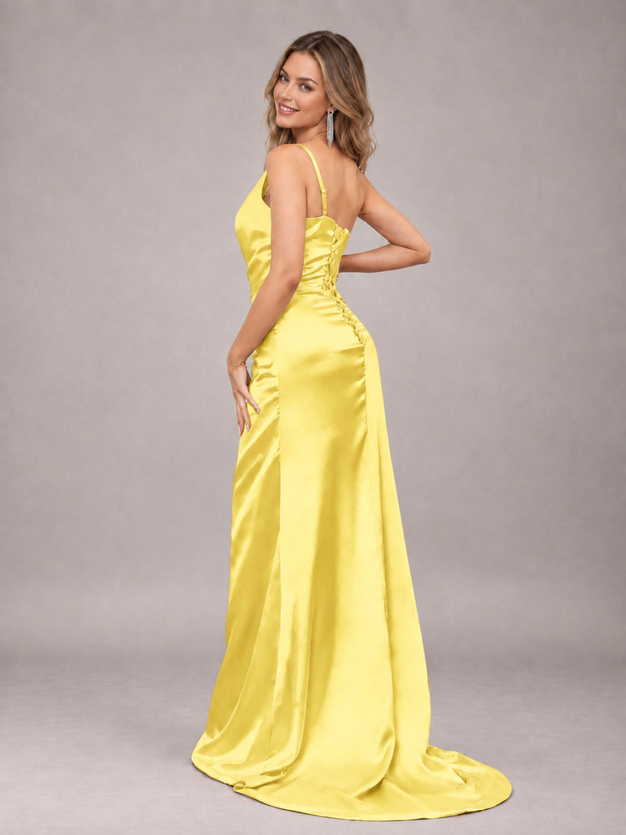 Yellow Alluring Lace-Up Back One Shoulder Stretch Satin Bridesmaid Dress with Slits