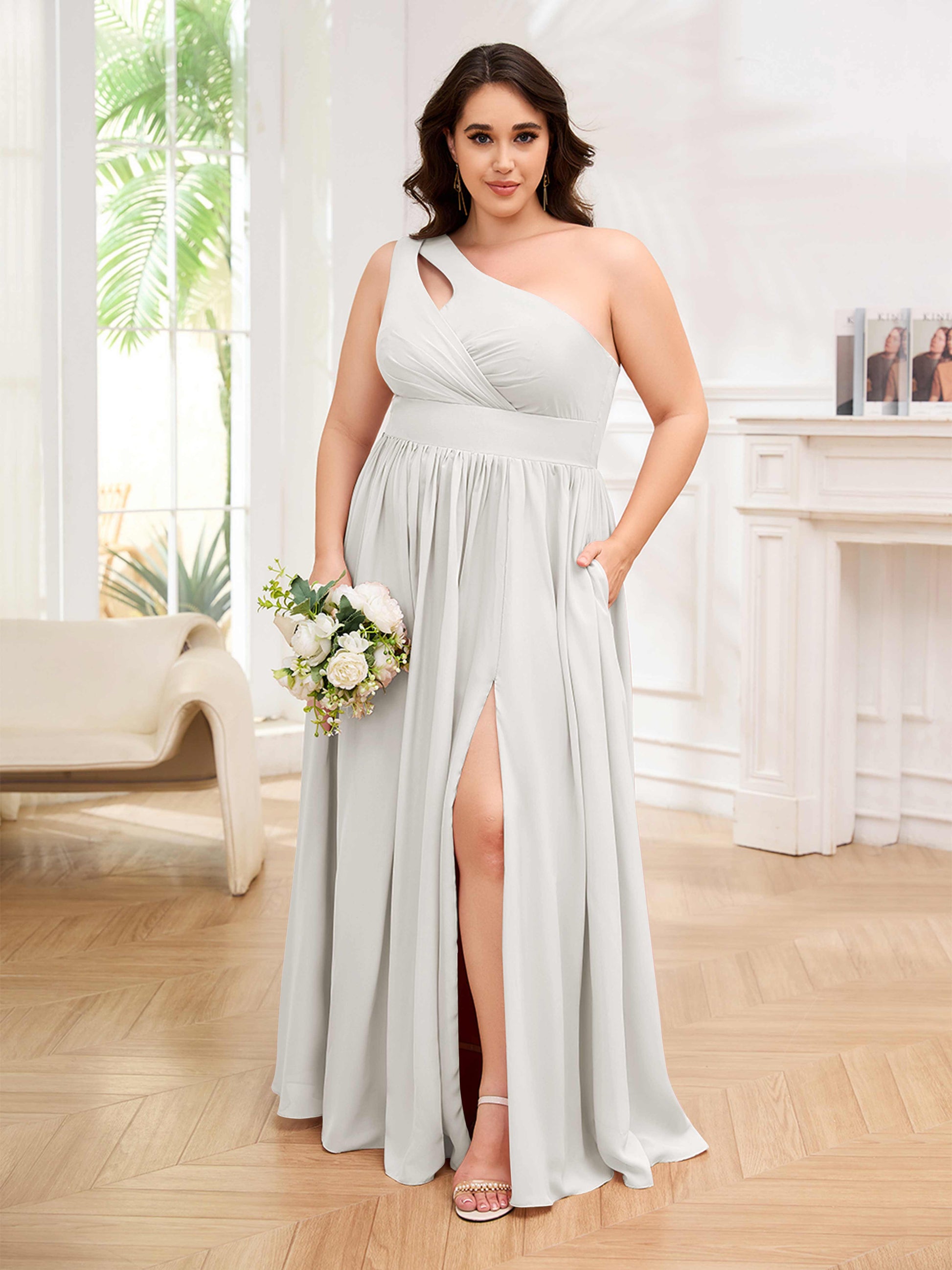 Alluring Sleeveless Ruched Slit Chiffon Plus Size Bridesmaid Dresses W –