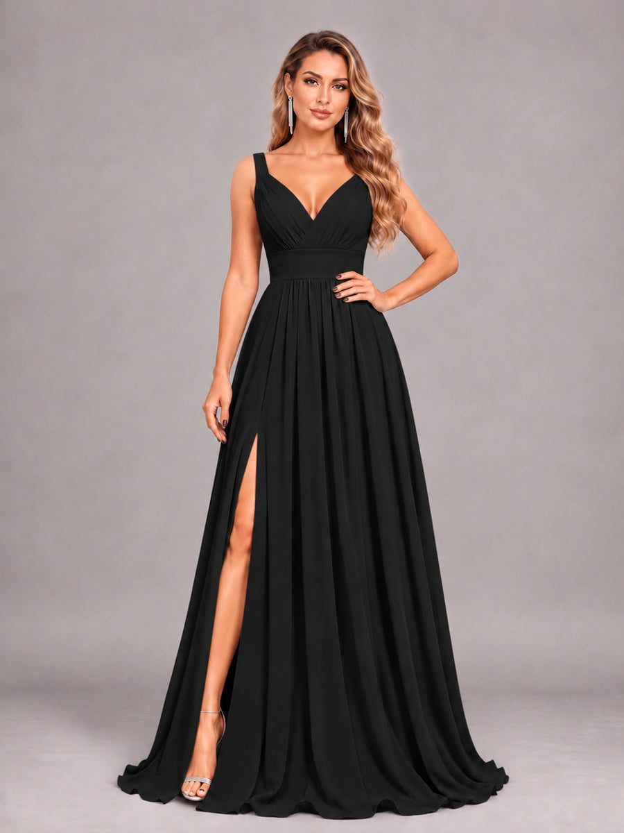Black Attractive Deep V-Neck Sleeveless Slit Chiffon Bridesmaid Dress