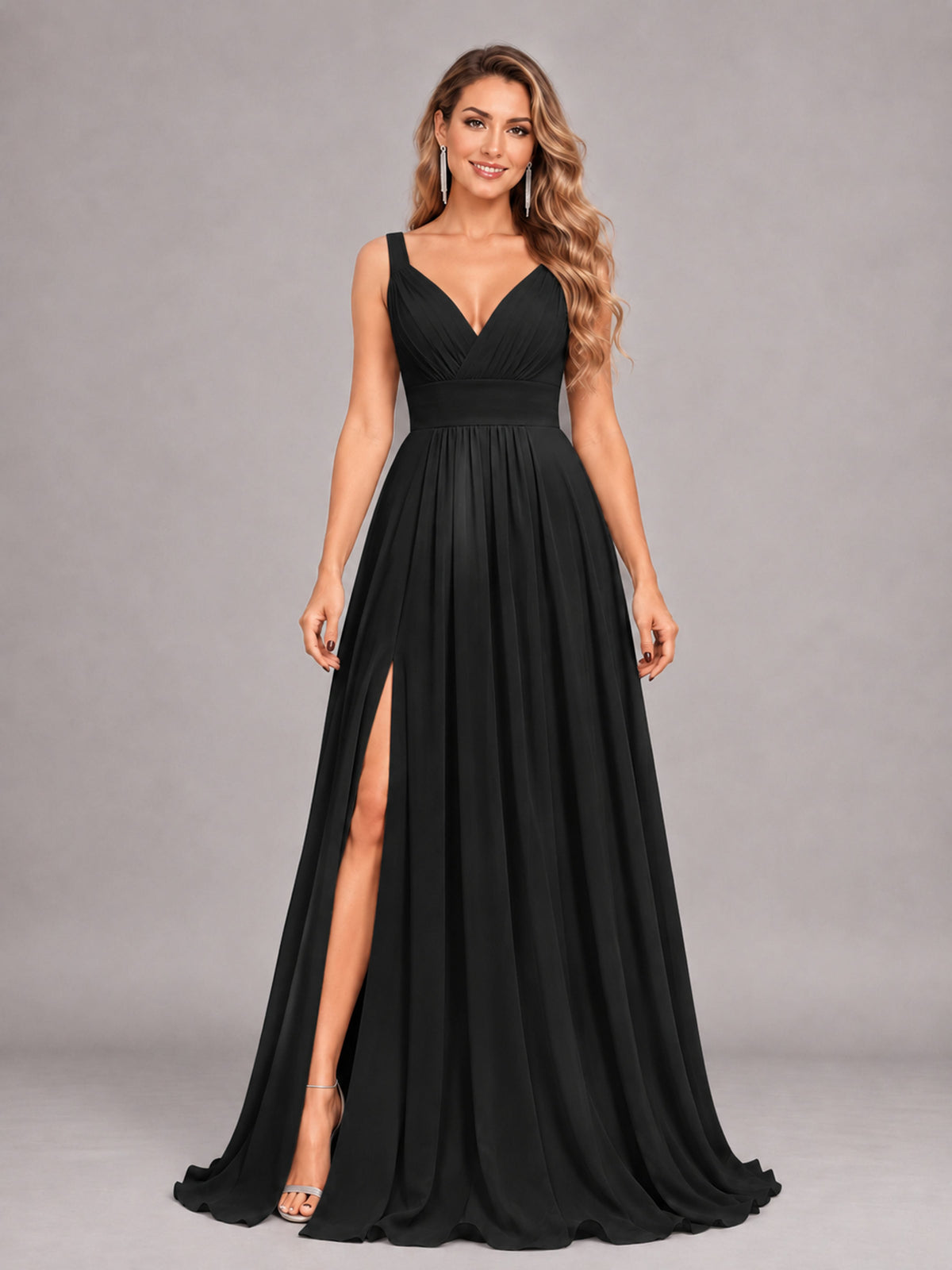 Black Attractive Deep V-Neck Sleeveless Slit Chiffon Bridesmaid Dress