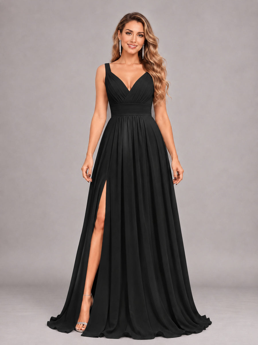 Black Attractive Deep V-Neck Sleeveless Slit Chiffon Bridesmaid Dress