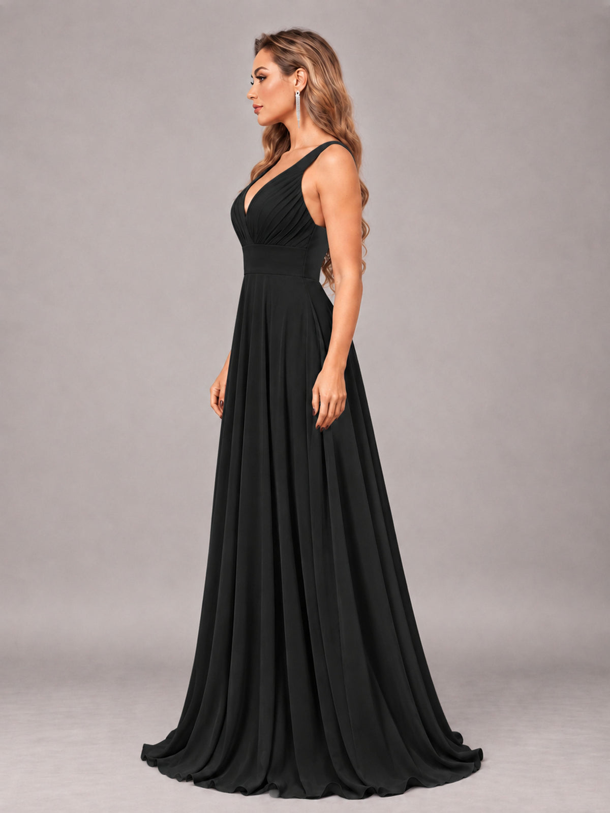 Black Attractive Deep V-Neck Sleeveless Slit Chiffon Bridesmaid Dress