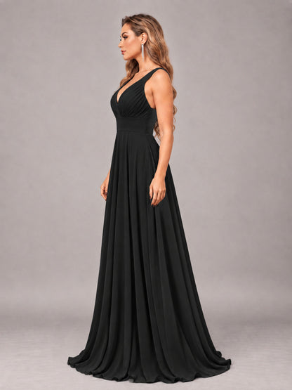 Black Attractive Deep V-Neck Sleeveless Slit Chiffon Bridesmaid Dress