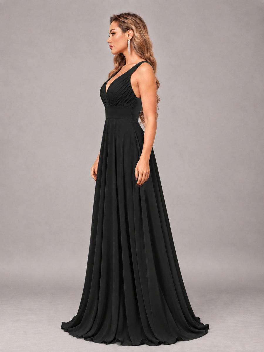 Black Attractive Deep V-Neck Sleeveless Slit Chiffon Bridesmaid Dress