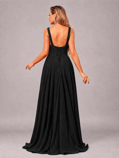 Black Attractive Deep V-Neck Sleeveless Slit Chiffon Bridesmaid Dress