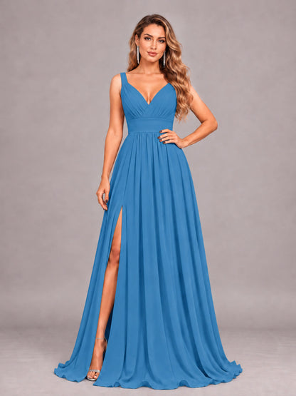 Blue Attractive Deep V-Neck Sleeveless Slit Chiffon Bridesmaid Dress