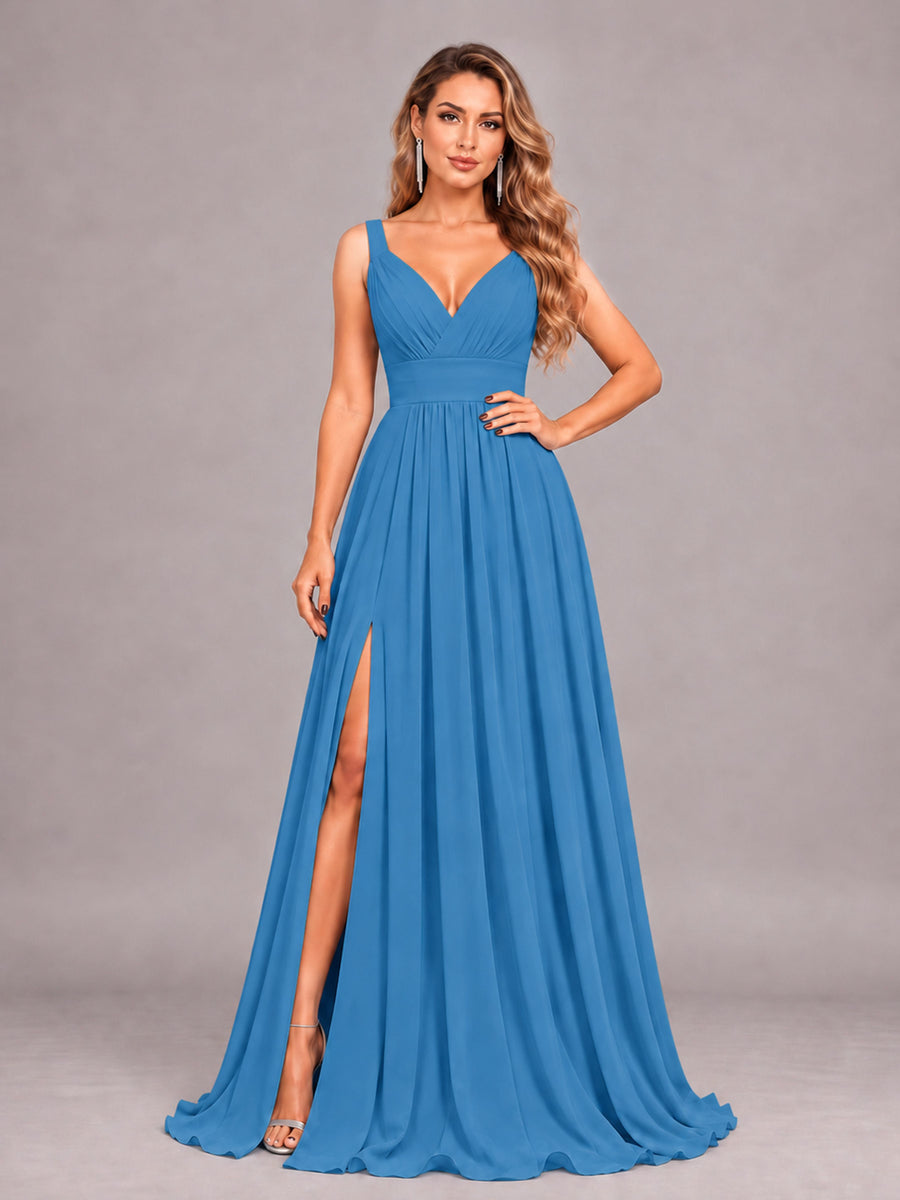 Blue Attractive Deep V-Neck Sleeveless Slit Chiffon Bridesmaid Dress