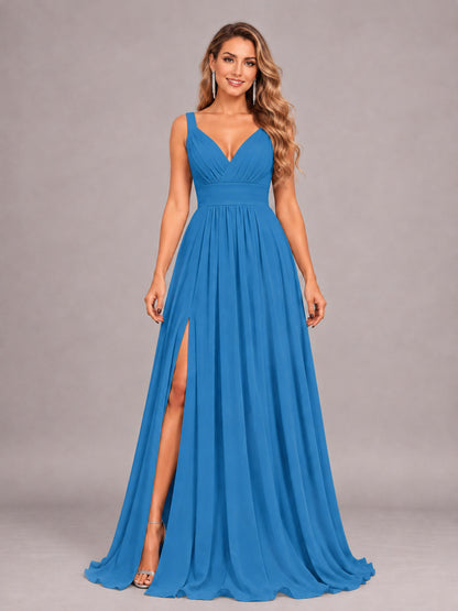 Blue Attractive Deep V-Neck Sleeveless Slit Chiffon Bridesmaid Dress
