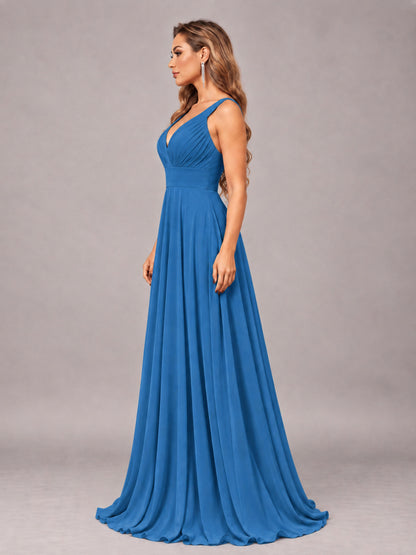Blue Attractive Deep V-Neck Sleeveless Slit Chiffon Bridesmaid Dress