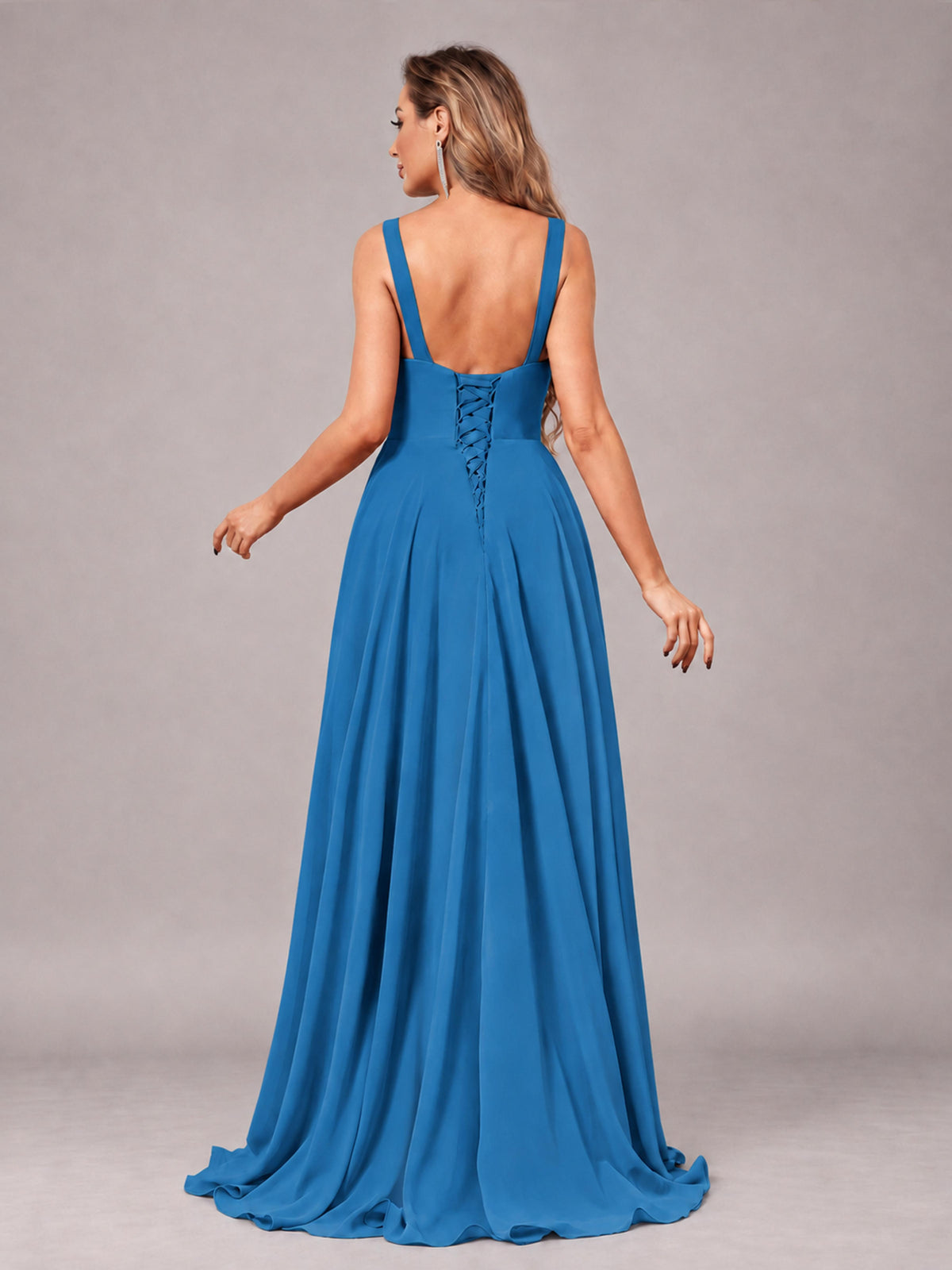 Blue Attractive Deep V-Neck Sleeveless Slit Chiffon Bridesmaid Dress
