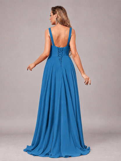 Blue Attractive Deep V-Neck Sleeveless Slit Chiffon Bridesmaid Dress