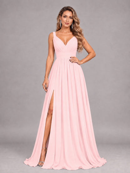 Blush Pink Attractive Deep V-Neck Sleeveless Slit Chiffon Bridesmaid Dress