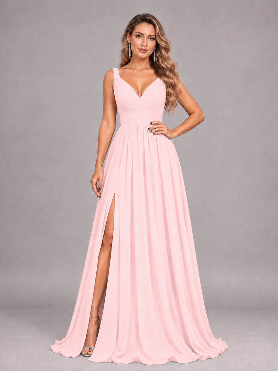 Blush Pink Attractive Deep V-Neck Sleeveless Slit Chiffon Bridesmaid Dress