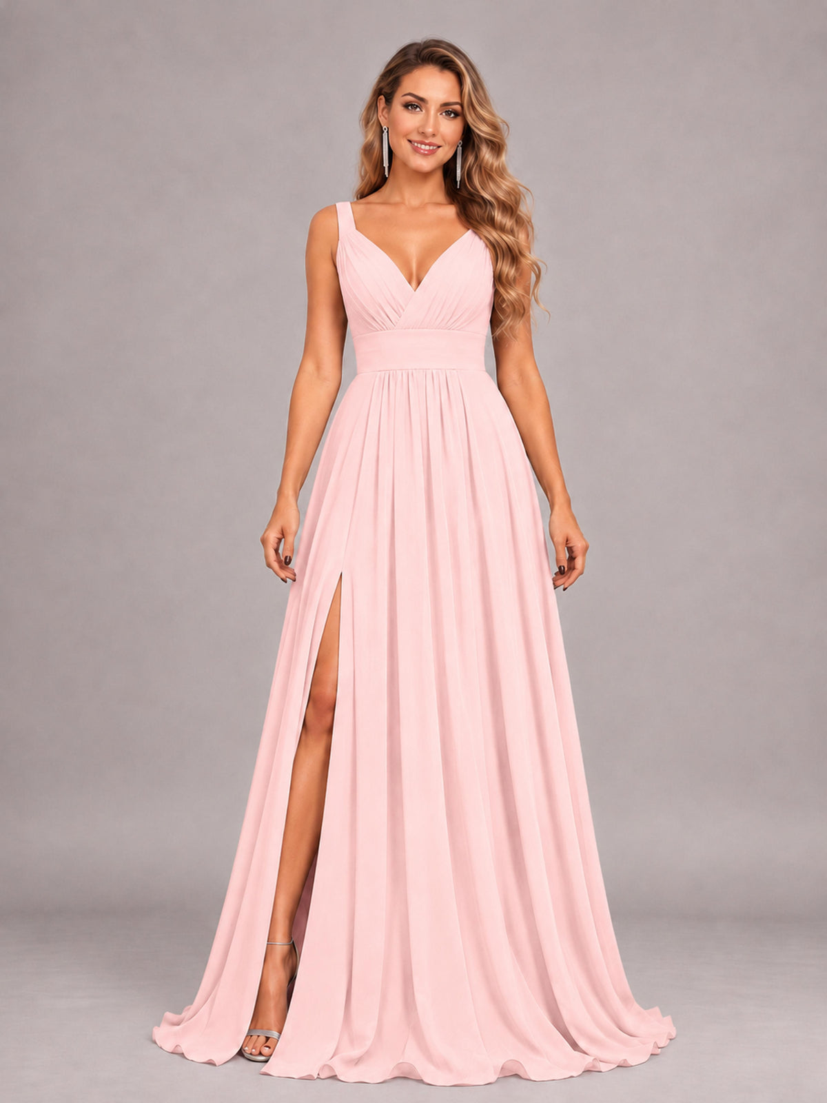 Blush Pink Attractive Deep V-Neck Sleeveless Slit Chiffon Bridesmaid Dress