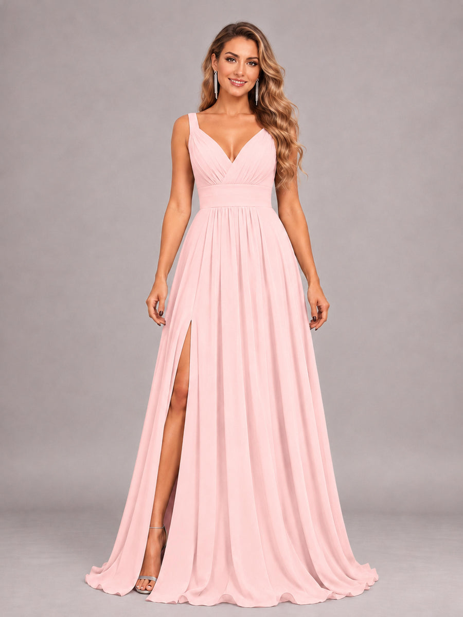 Blush Pink Attractive Deep V-Neck Sleeveless Slit Chiffon Bridesmaid Dress