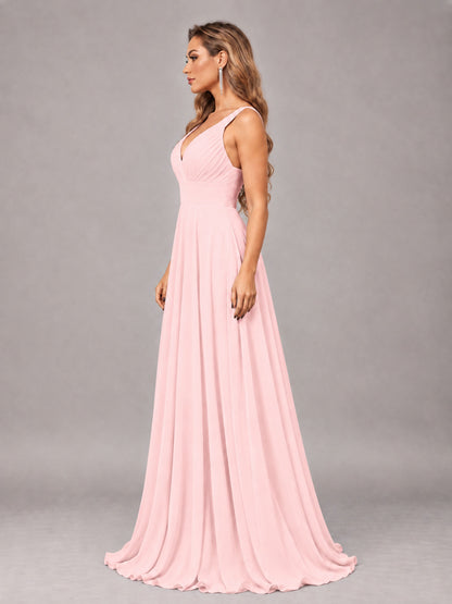 Blush Pink Attractive Deep V-Neck Sleeveless Slit Chiffon Bridesmaid Dress