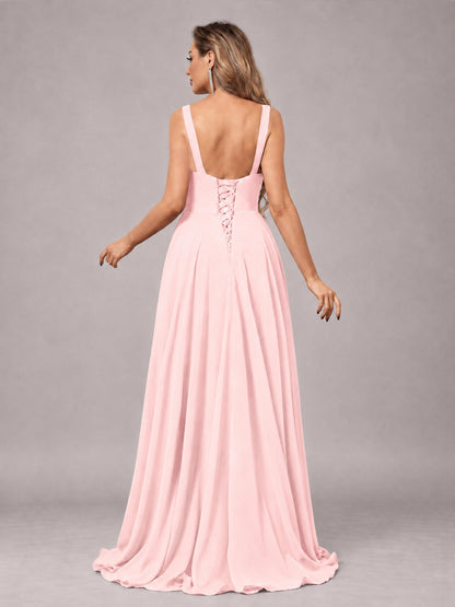 Blush Pink Attractive Deep V-Neck Sleeveless Slit Chiffon Bridesmaid Dress