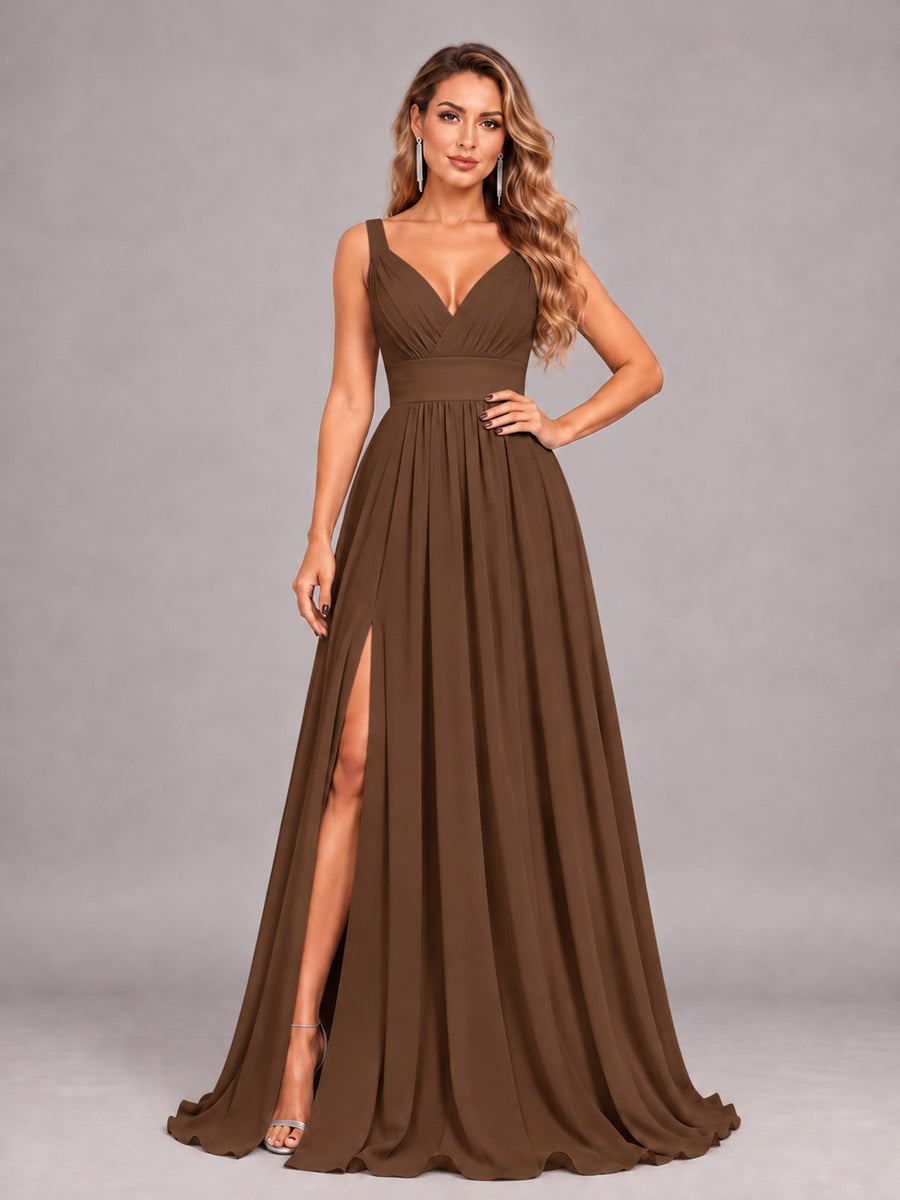 Brown Attractive Deep V-Neck Sleeveless Slit Chiffon Bridesmaid Dress