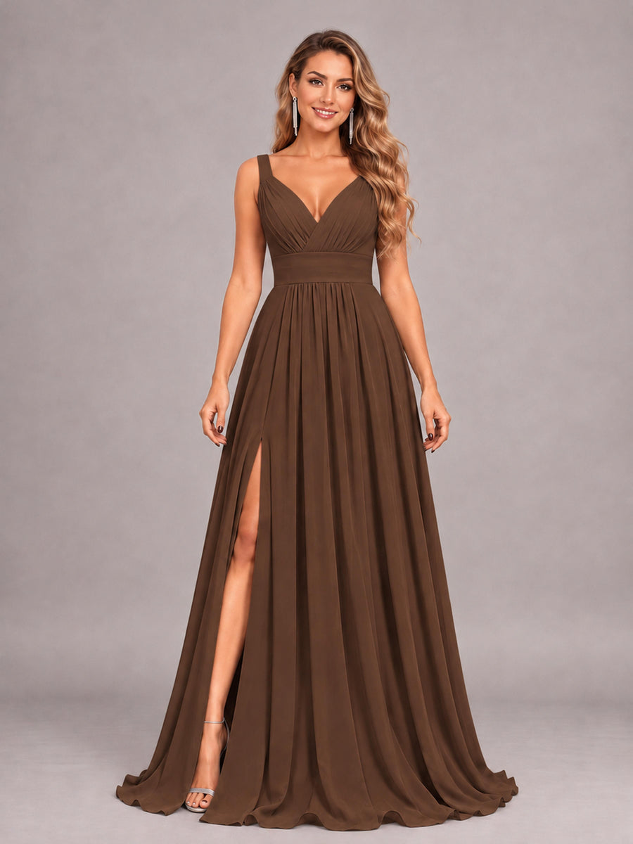 Brown Attractive Deep V-Neck Sleeveless Slit Chiffon Bridesmaid Dress