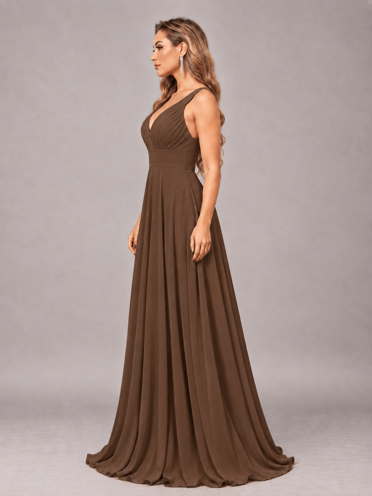Brown Attractive Deep V-Neck Sleeveless Slit Chiffon Bridesmaid Dress