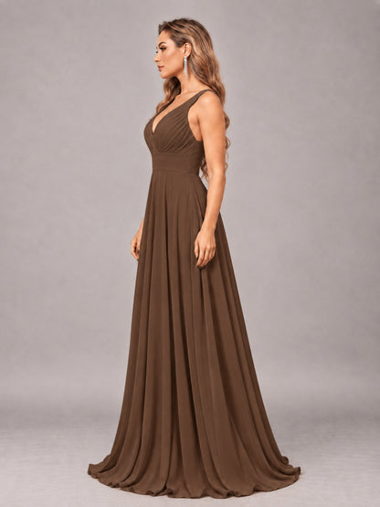 Brown Attractive Deep V-Neck Sleeveless Slit Chiffon Bridesmaid Dress