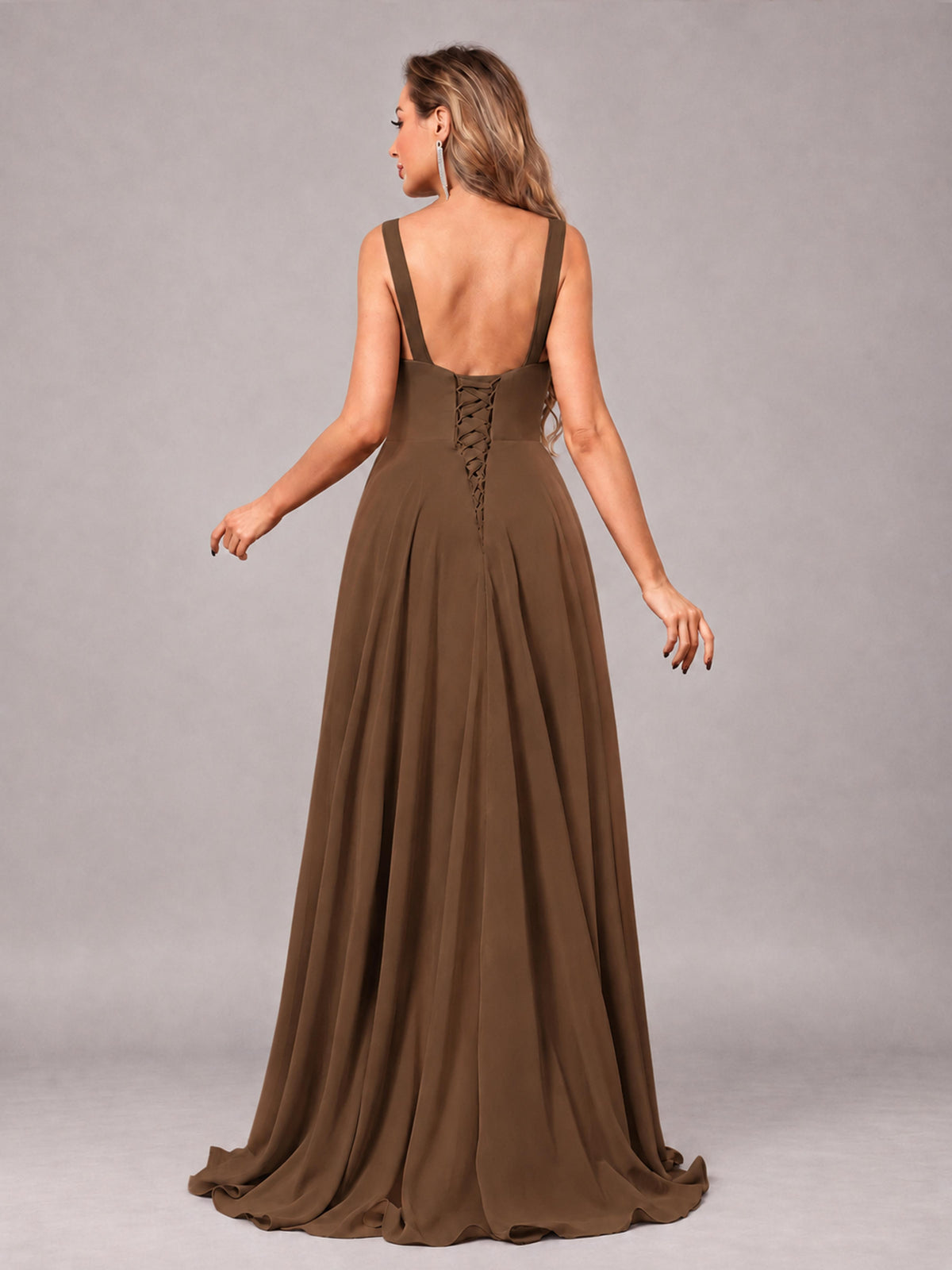 Brown Attractive Deep V-Neck Sleeveless Slit Chiffon Bridesmaid Dress