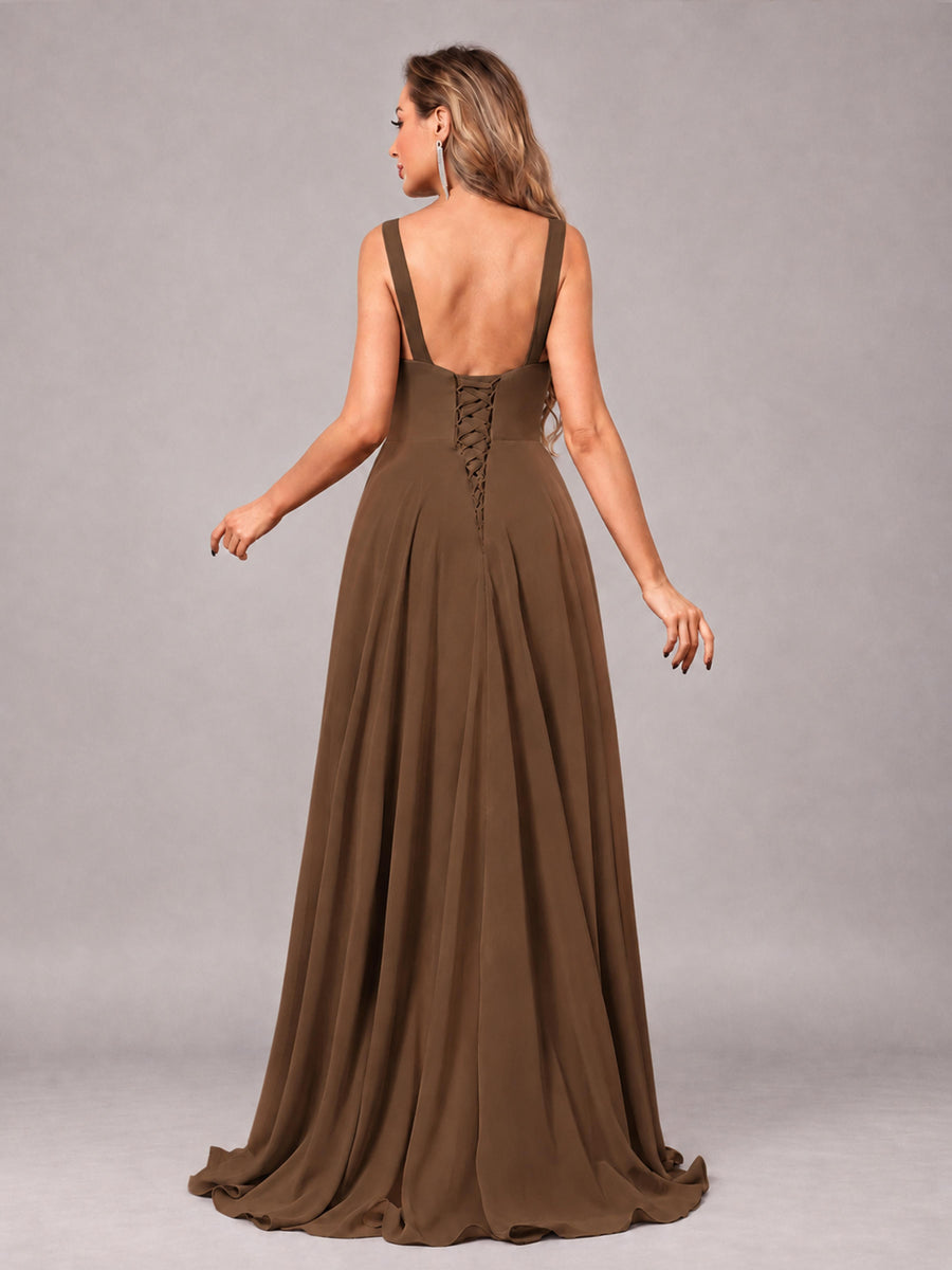 Brown Attractive Deep V-Neck Sleeveless Slit Chiffon Bridesmaid Dress