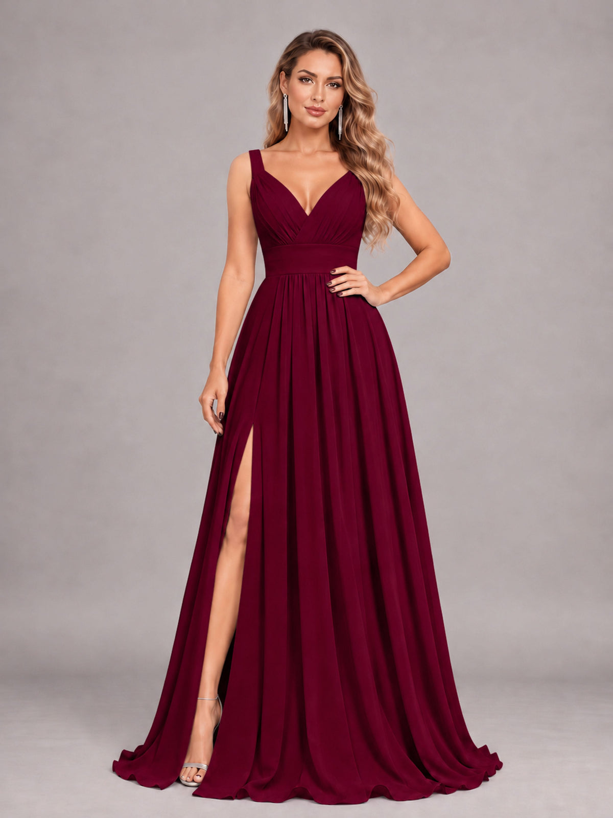 Burgundy Attractive Deep V-Neck Sleeveless Slit Chiffon Bridesmaid Dress
