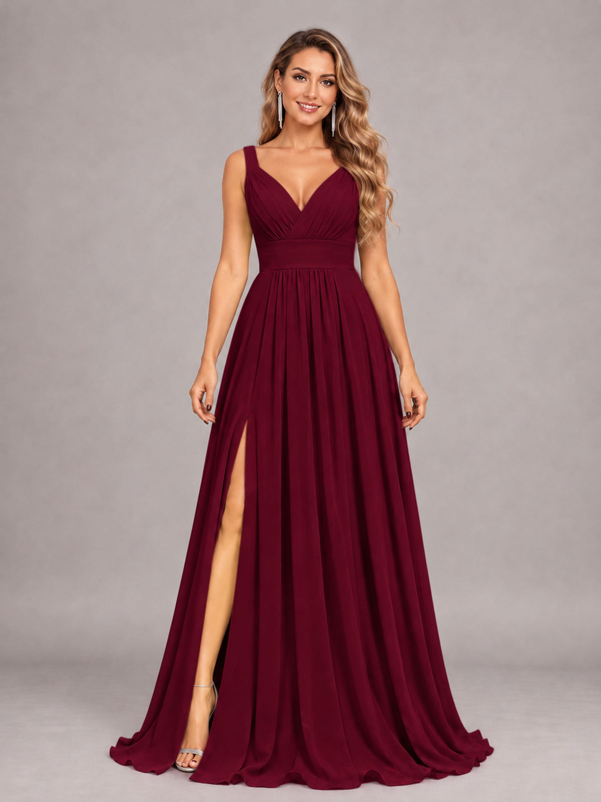 Burgundy Attractive Deep V-Neck Sleeveless Slit Chiffon Bridesmaid Dress