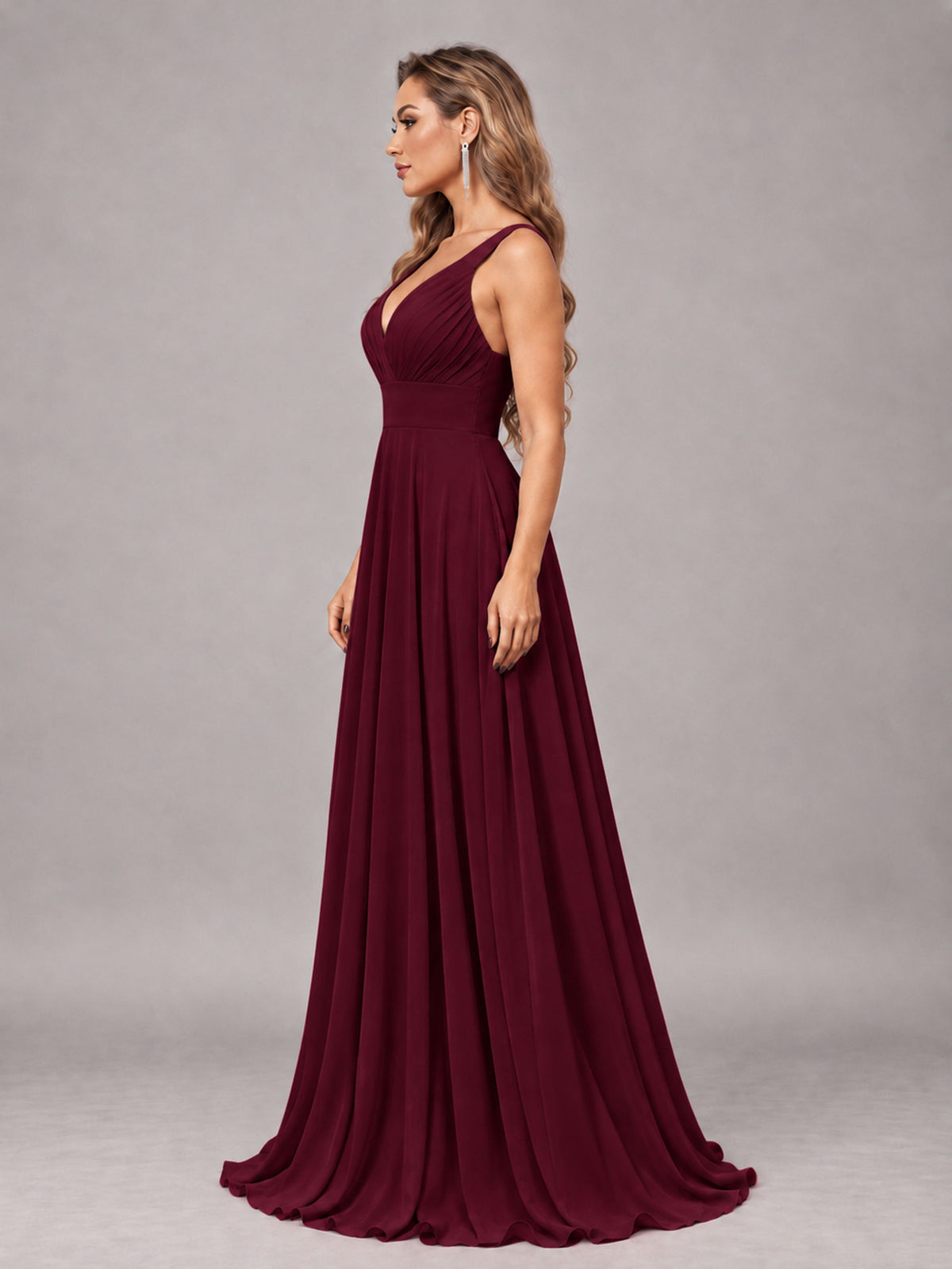 Burgundy Attractive Deep V-Neck Sleeveless Slit Chiffon Bridesmaid Dress
