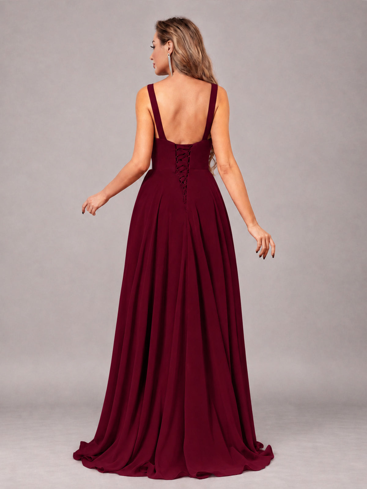 Burgundy Attractive Deep V-Neck Sleeveless Slit Chiffon Bridesmaid Dress