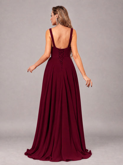 Burgundy Attractive Deep V-Neck Sleeveless Slit Chiffon Bridesmaid Dress