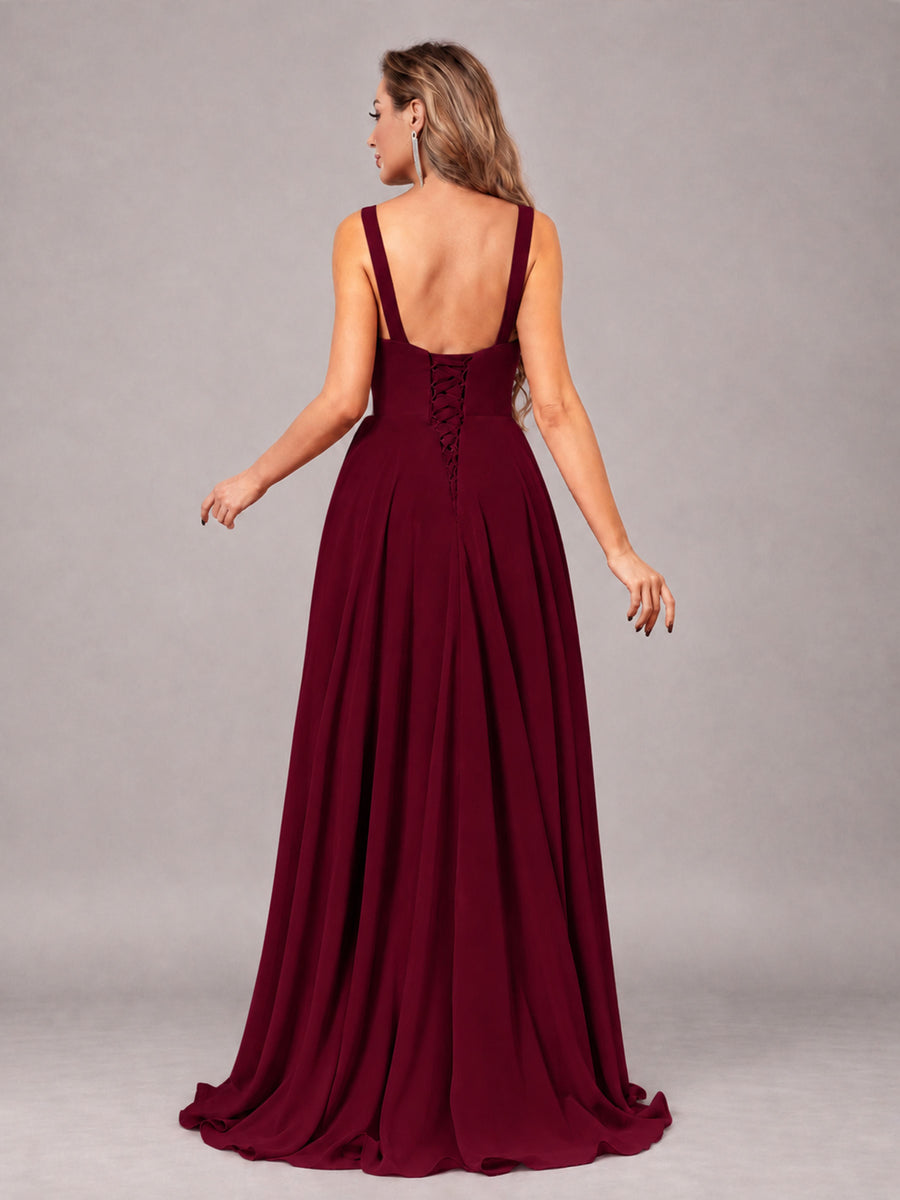 Burgundy Attractive Deep V-Neck Sleeveless Slit Chiffon Bridesmaid Dress
