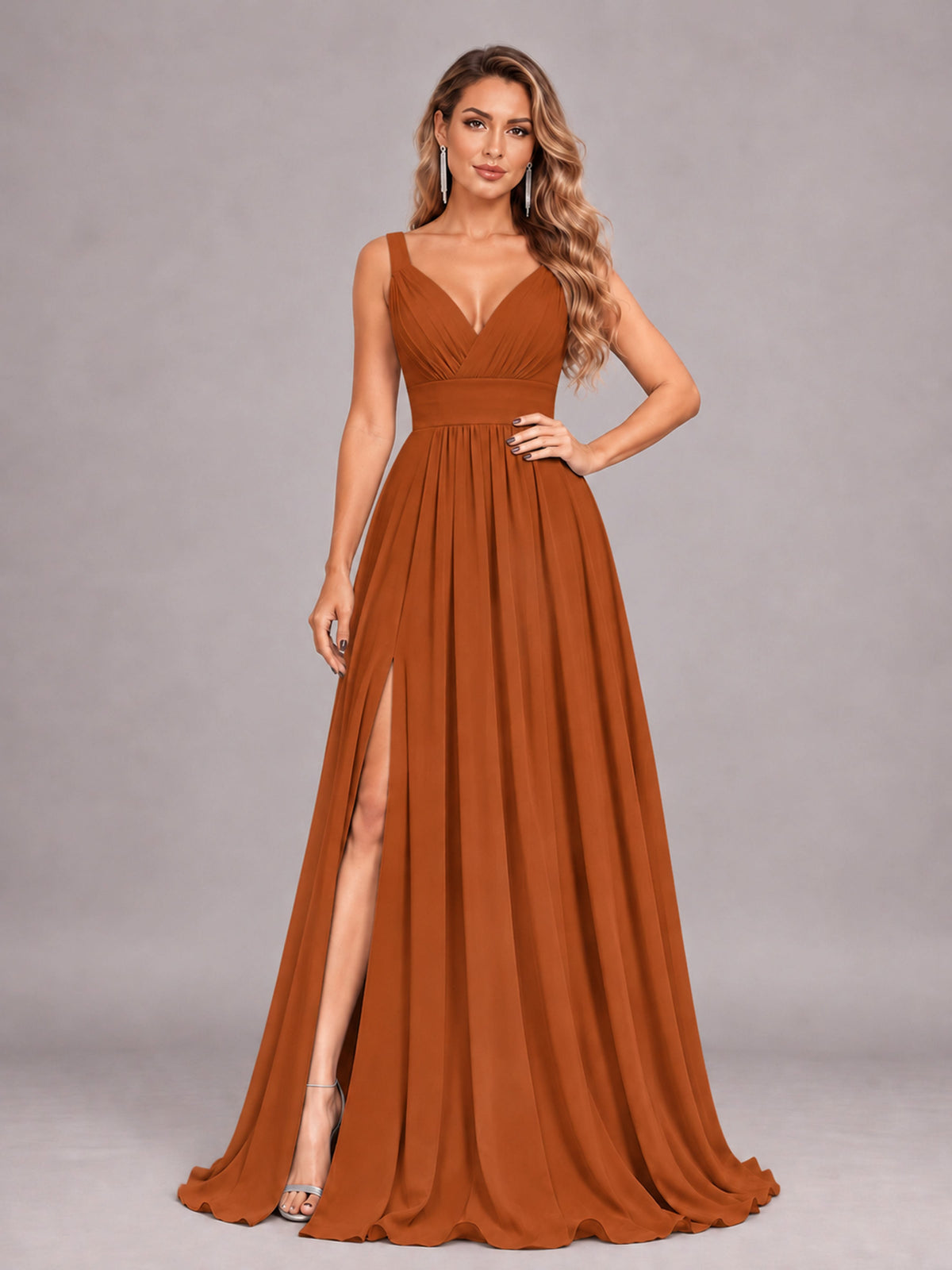 Burnt Orange Attractive Deep V-Neck Sleeveless Slit Chiffon Bridesmaid Dress