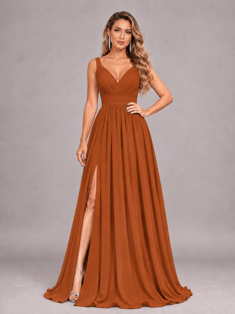 Burnt Orange Attractive Deep V-Neck Sleeveless Slit Chiffon Bridesmaid Dress