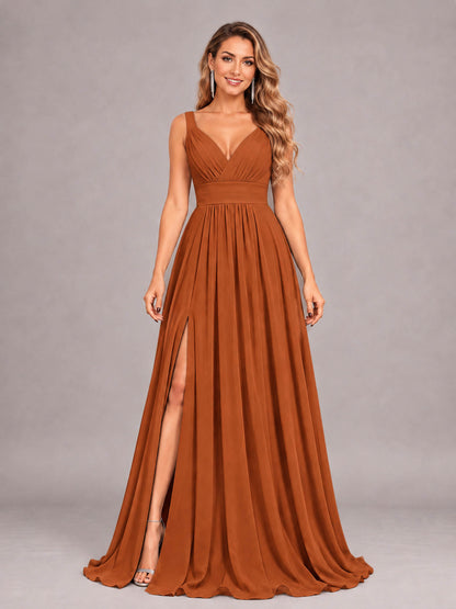 Burnt Orange Attractive Deep V-Neck Sleeveless Slit Chiffon Bridesmaid Dress
