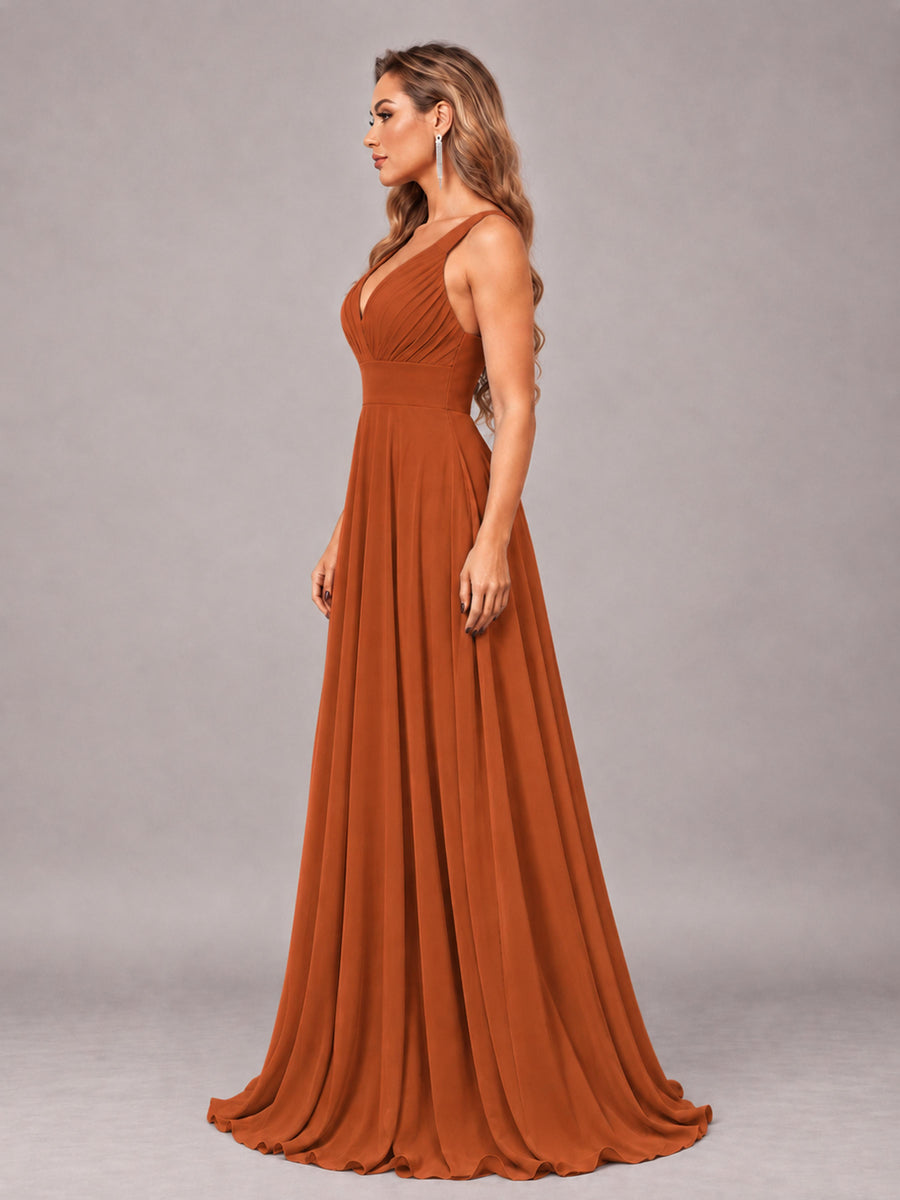 Burnt Orange Attractive Deep V-Neck Sleeveless Slit Chiffon Bridesmaid Dress