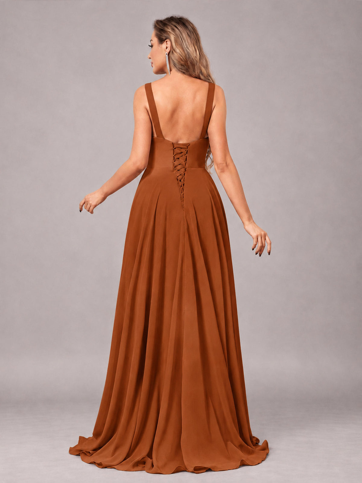 Burnt Orange Attractive Deep V-Neck Sleeveless Slit Chiffon Bridesmaid Dress