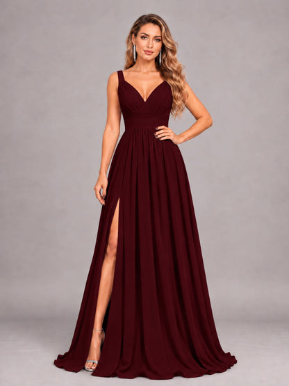 Cabernet Attractive Deep V-Neck Sleeveless Slit Chiffon Bridesmaid Dress
