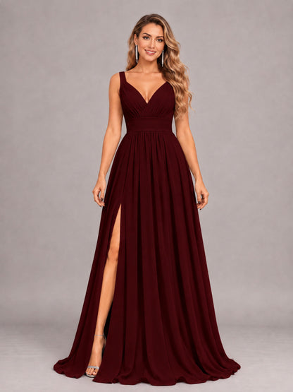 Cabernet Attractive Deep V-Neck Sleeveless Slit Chiffon Bridesmaid Dress