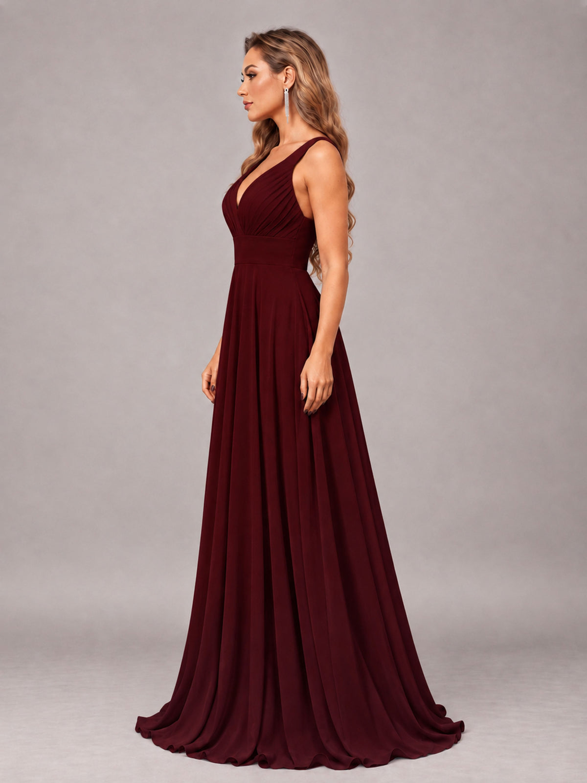 Cabernet Attractive Deep V-Neck Sleeveless Slit Chiffon Bridesmaid Dress