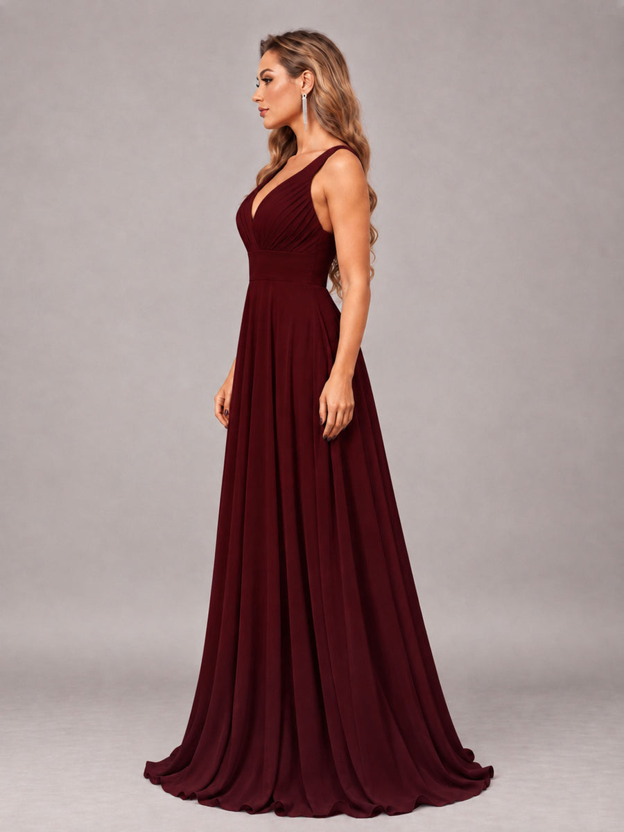 Cabernet Attractive Deep V-Neck Sleeveless Slit Chiffon Bridesmaid Dress