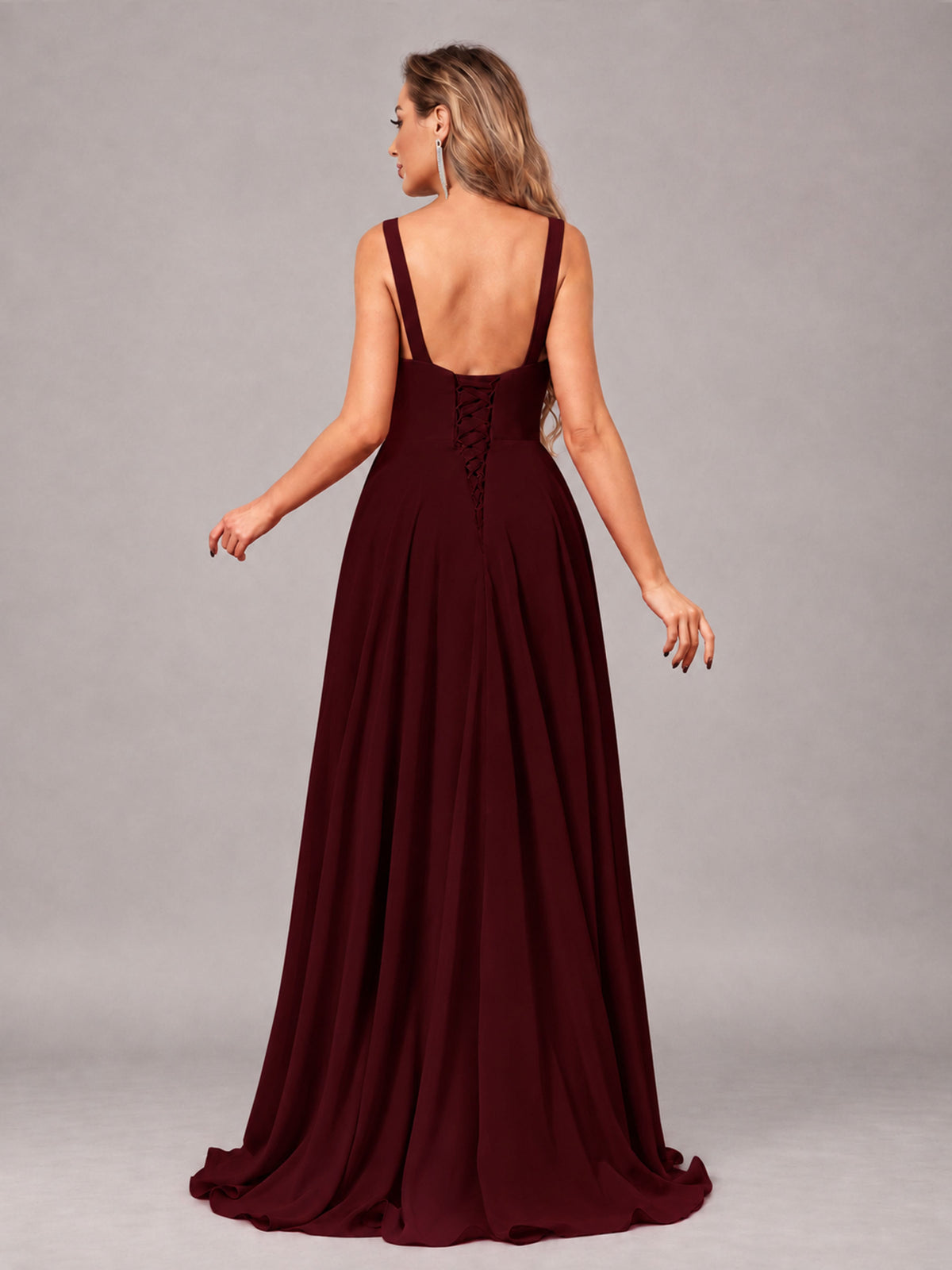 Cabernet Attractive Deep V-Neck Sleeveless Slit Chiffon Bridesmaid Dress